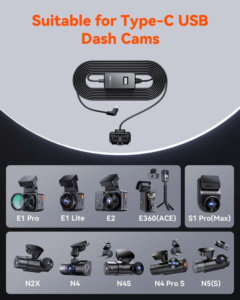 Vantrue 10ft USB-C USB LED Screen OBD Hardwire Power Cable, 3 Gear Shifting, Low Voltage Protection for Parking Mode, for E1 Pro,N4 Pro S,N5(S),N4(S),S1 Pro(Max),N2X,E360/ACE,E1 Lite, E2 Dash Cam - Image 3